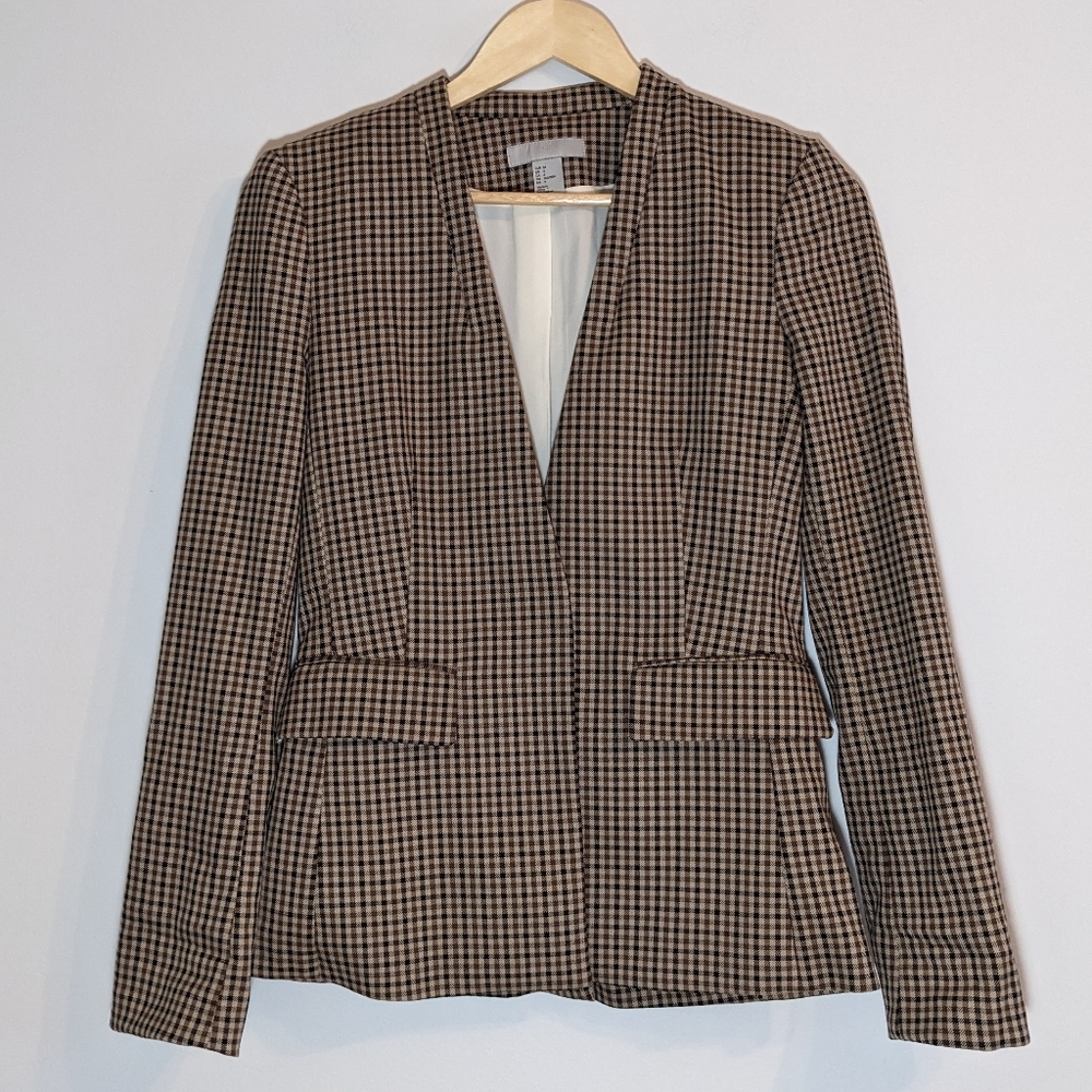 H&M Collarless Fitted Blazer, Black & Brown Check, Lined, US 4, EUC